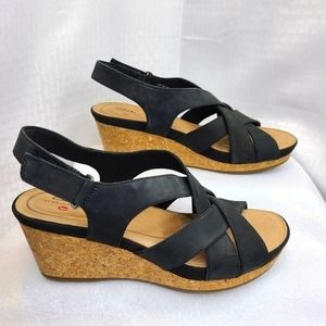Clarks Shoes Un Capri Step Black Sandal Wedges 9.5